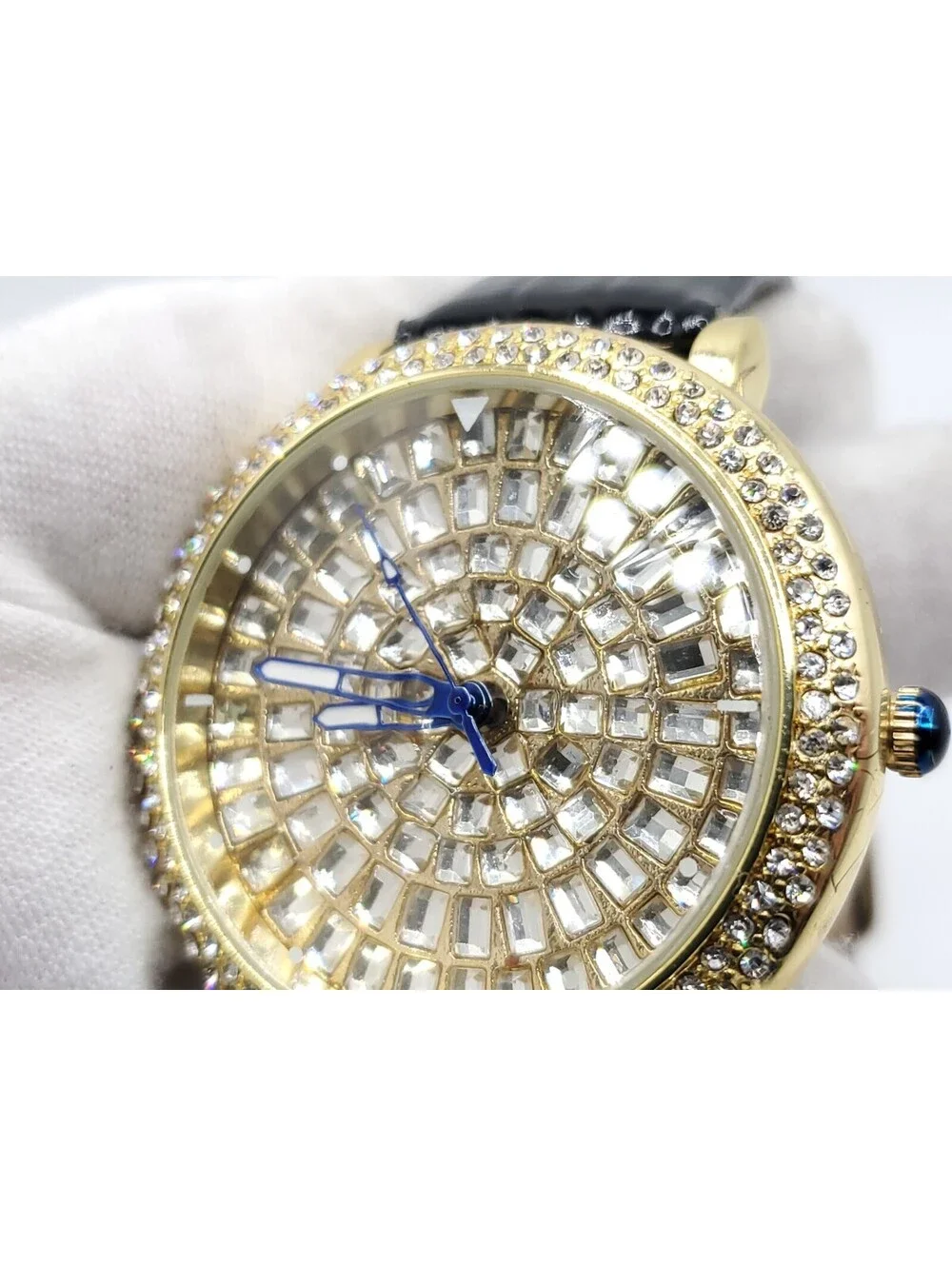 Strada Prisim Gem Quartz Watch Women New Battery Gold Tone Rhinestone Bezel 43mm